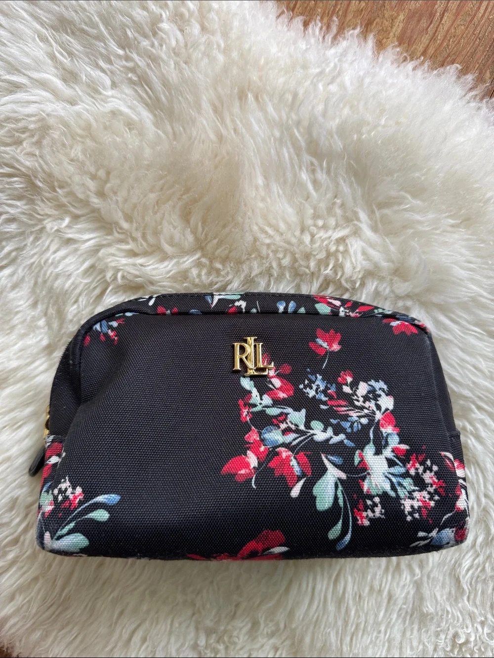 Ralph Lauren Black Floral Cosmetic Case with Gold Logo
